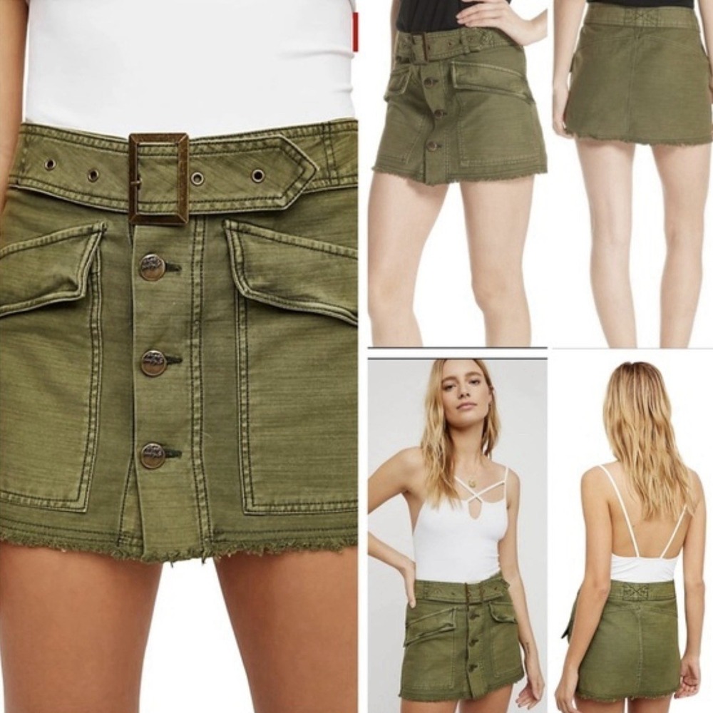 NWT Free People Skirt Utility Army Green Belted Distressed Frayed Cargo Womens 8 - Picture 2 of 10